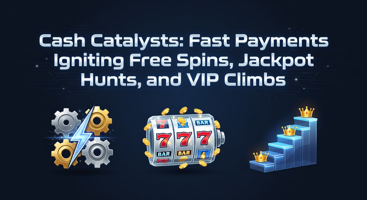 Dynamische Grafik mit blitzschnellen Zahlungen, die Free-Spin-Räder, Jackpot-Symbole und VIP-Treppen zum Leuchten bringen