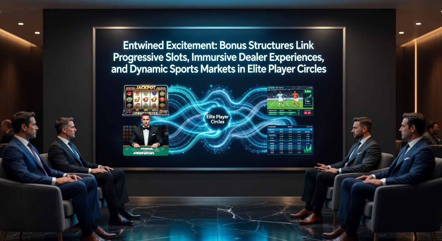 Bunte Grafik mit progressiven Slots, Live-Dealern und Sportwetten, die durch Bonus-Symbole verbunden sind