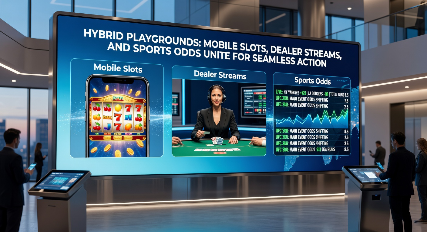Darstellung einer hybriden Gaming-Plattform, die mobile Slots, Live-Dealer-Tische und Sportwetten-Odds nahtlos integriert, mit einem Spieler, der zwischen den Modi wechselt