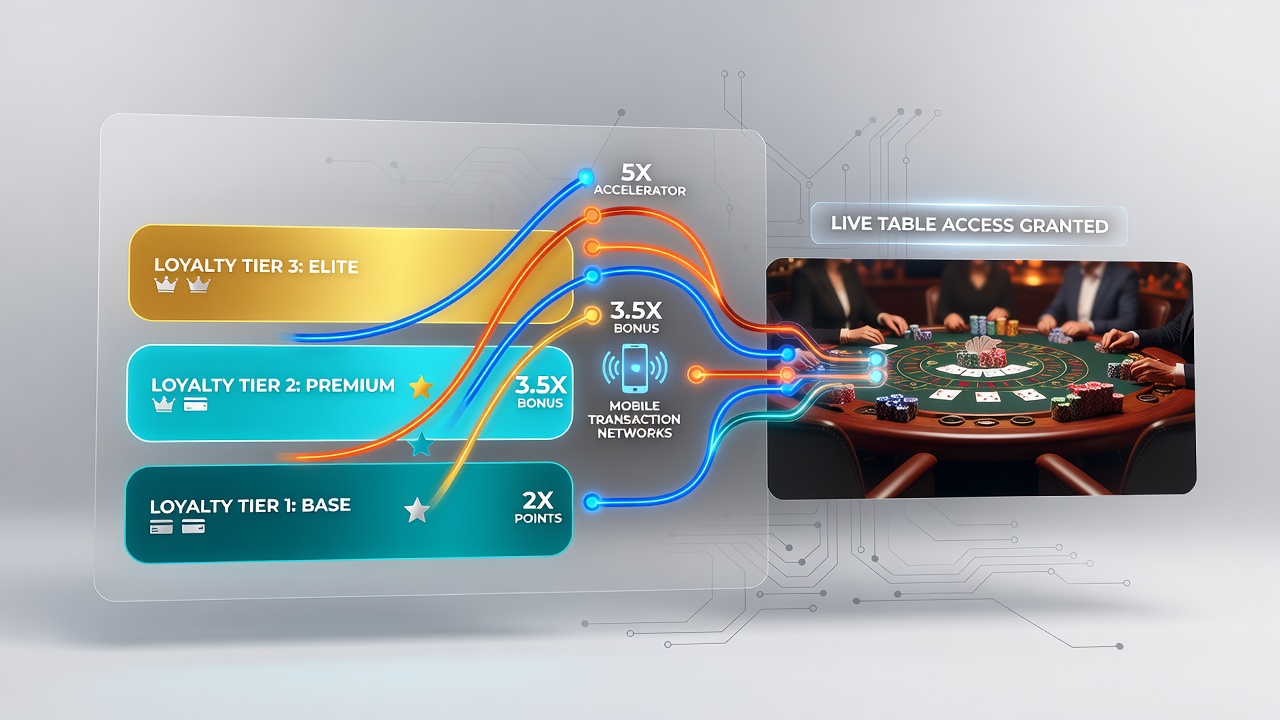 Mobile App-Oberfläche mit Loyalty-Tiers, Multiplikatoren und Live-Tisch-Optionen