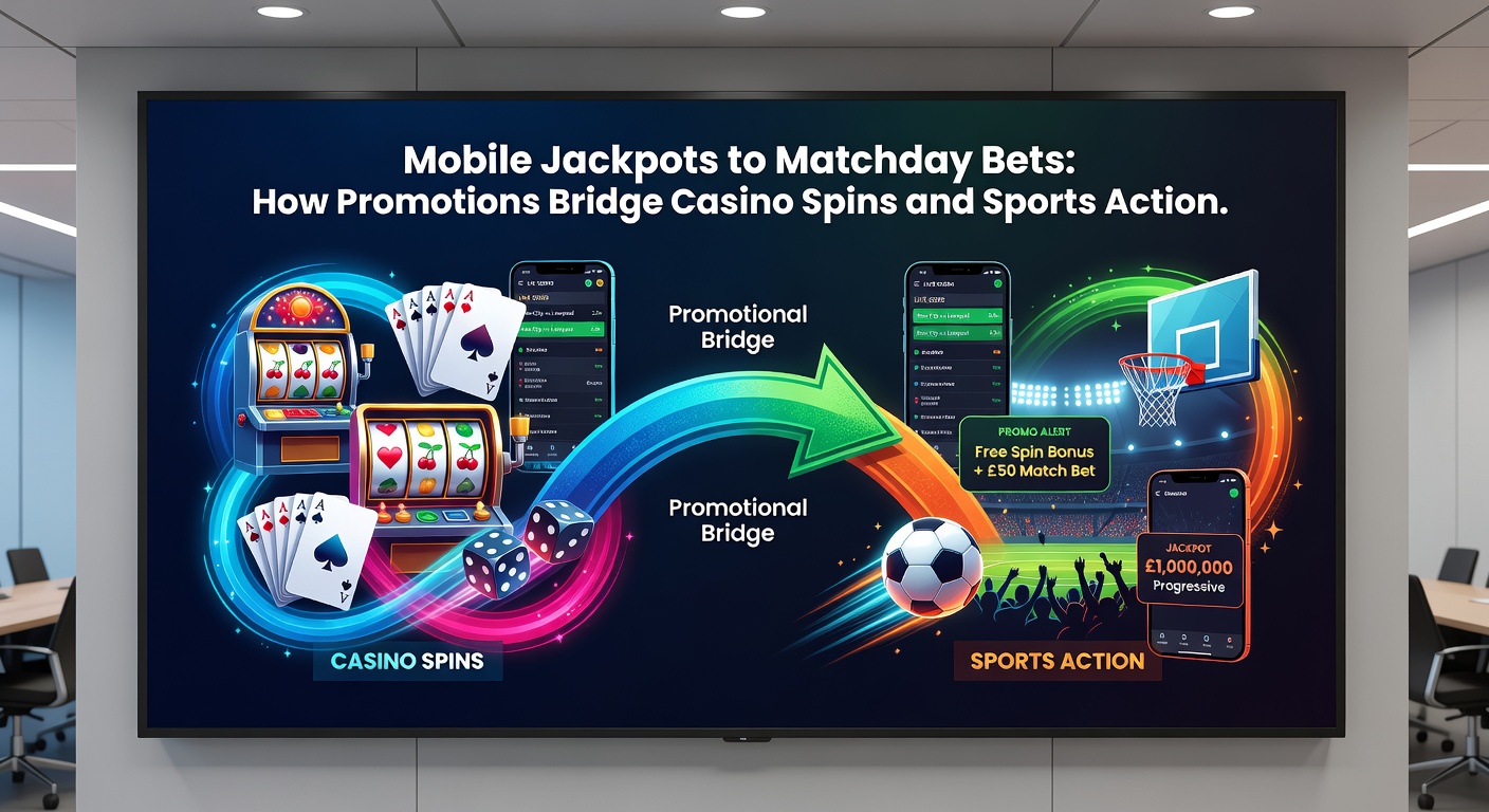 Dynamisches Grafik-Design mit Jackpot-Walzen, die in ein Fußballstadion übergehen, und Promo-Bannern für kombinierte Angebote