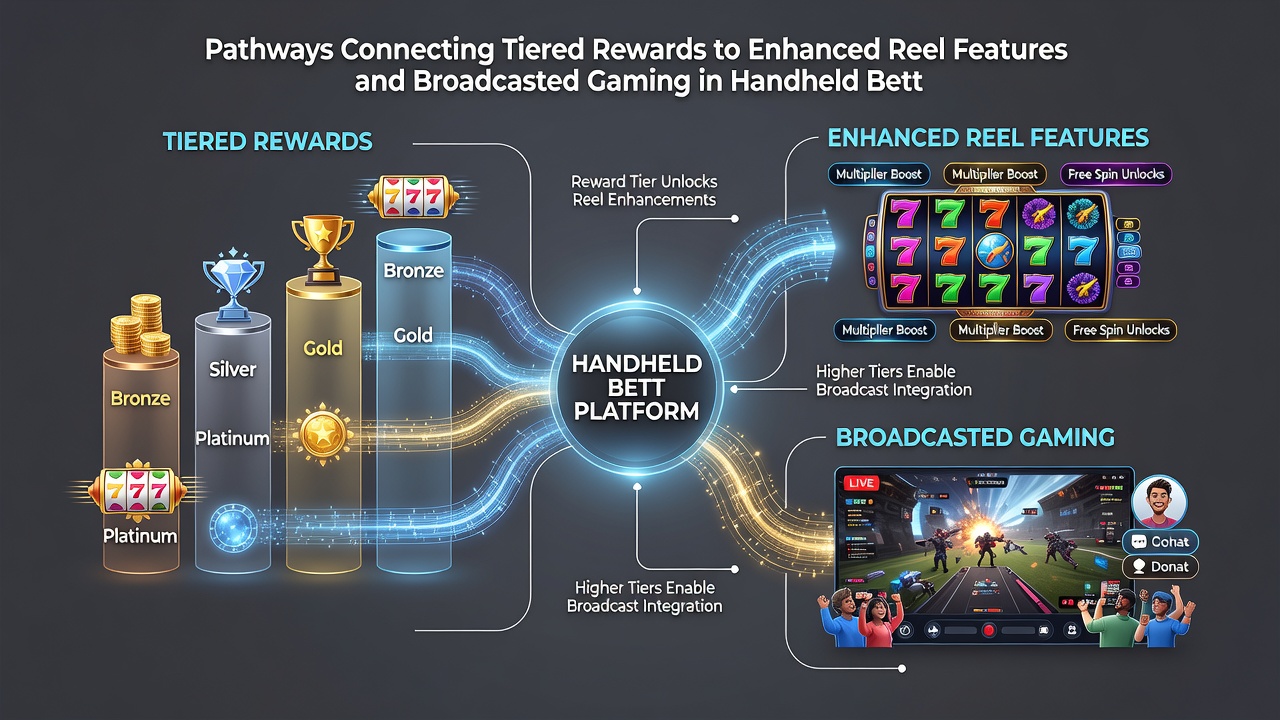 Handheld device displaying connected loyalty tiers unlocking reel multipliers alongside broadcasted live gaming sessions