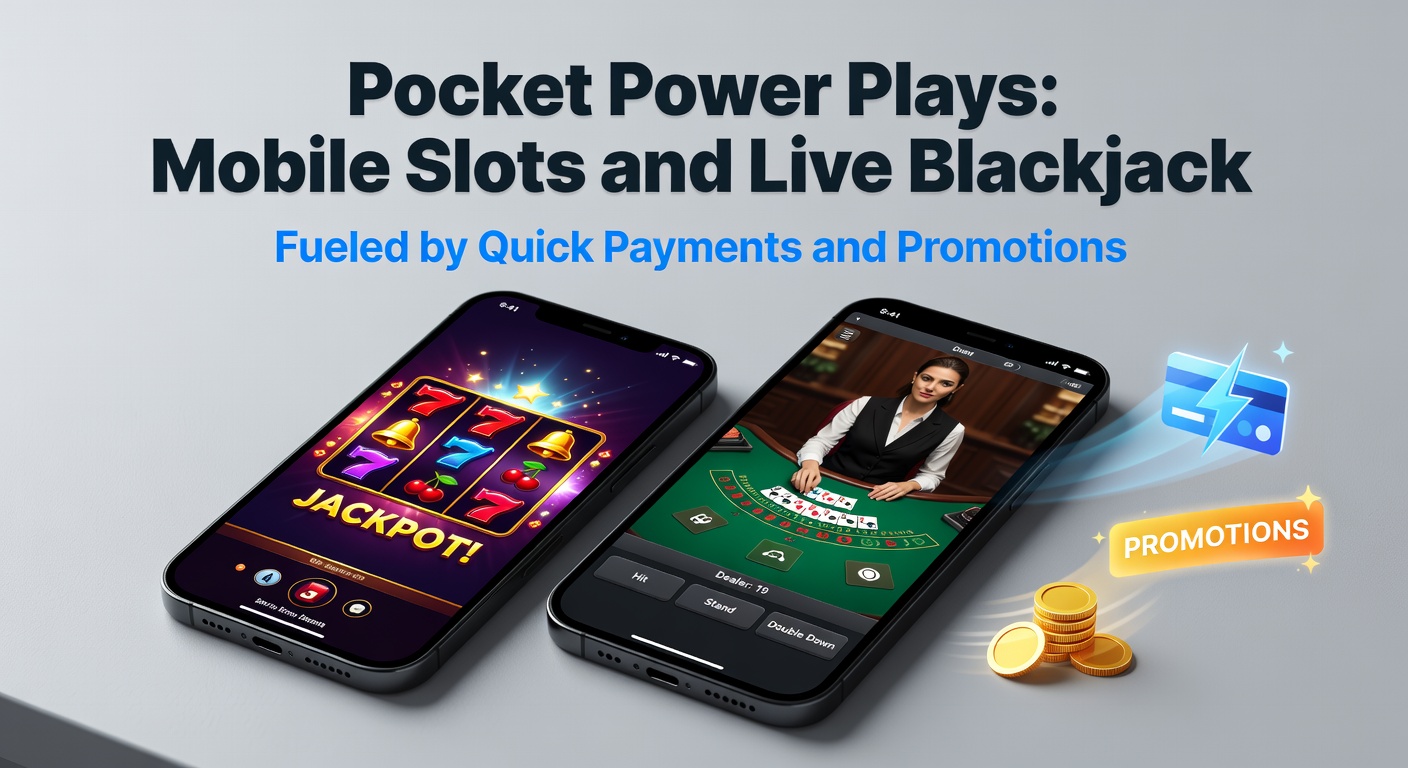 Smartphone mit laufendem Mobile Slot und Live Blackjack Tabelle im Vordergrund, umgeben von Icons für schnelle Zahlungen und Bonus-Angebote